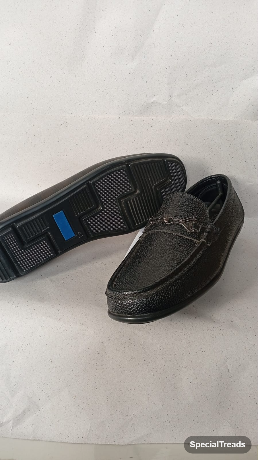 SpecialTreads Men's Black Pebbled Leather Moccasin Loafer – sole detail and side view