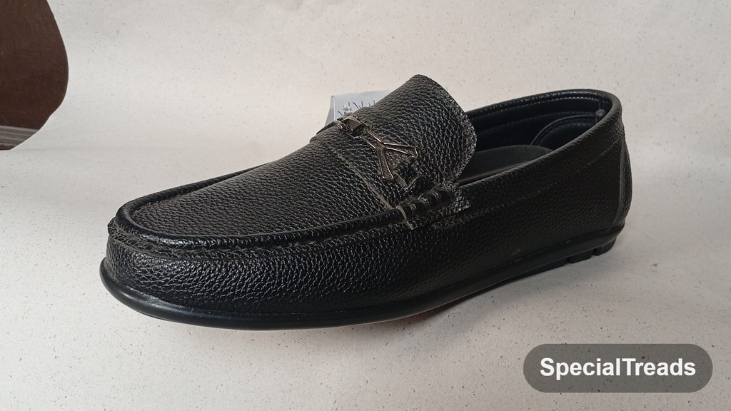 SpecialTreads Men's Black Pebbled Leather Moccasin Loafer – side profile with anchor hardware