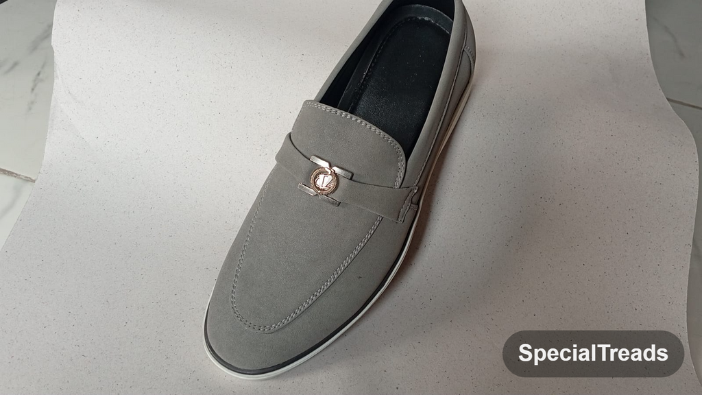 SpecialTreads Men's Grey Nubuck Loafer – top-down view showing medallion hardware