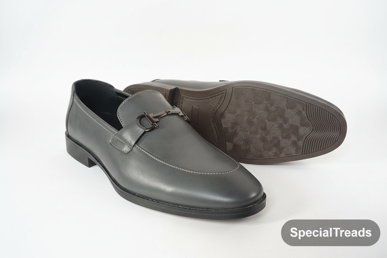 SpecialTreads Men's Grey Leather Horsebit Loafer – front angle