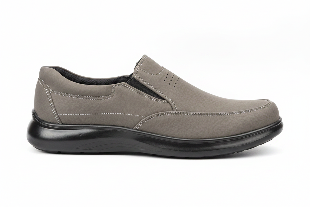 Taupe nubuck comfort loafer side profile on white background