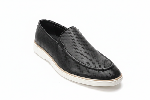 Black perforated loafer angled front view showing perforation detail and white sole