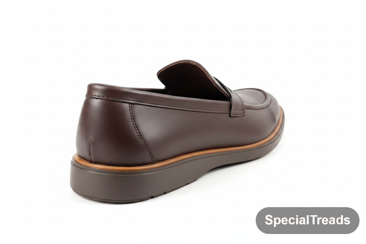 Dark brown penny loafer rear angle showing heel and tan welt detail