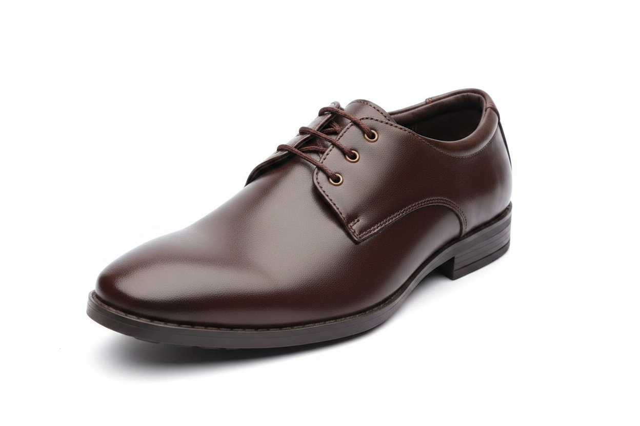 Rich brown Derby dress shoe angled front view showing lacing and toe detail