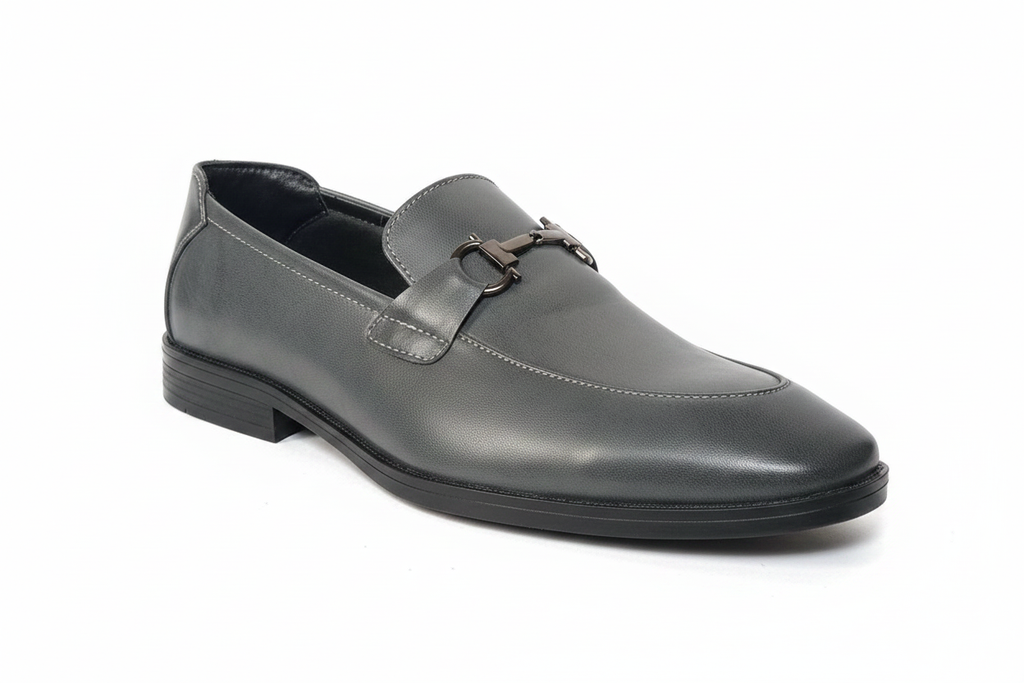 Grey leather horsebit loafer angled front view showing hardware detail