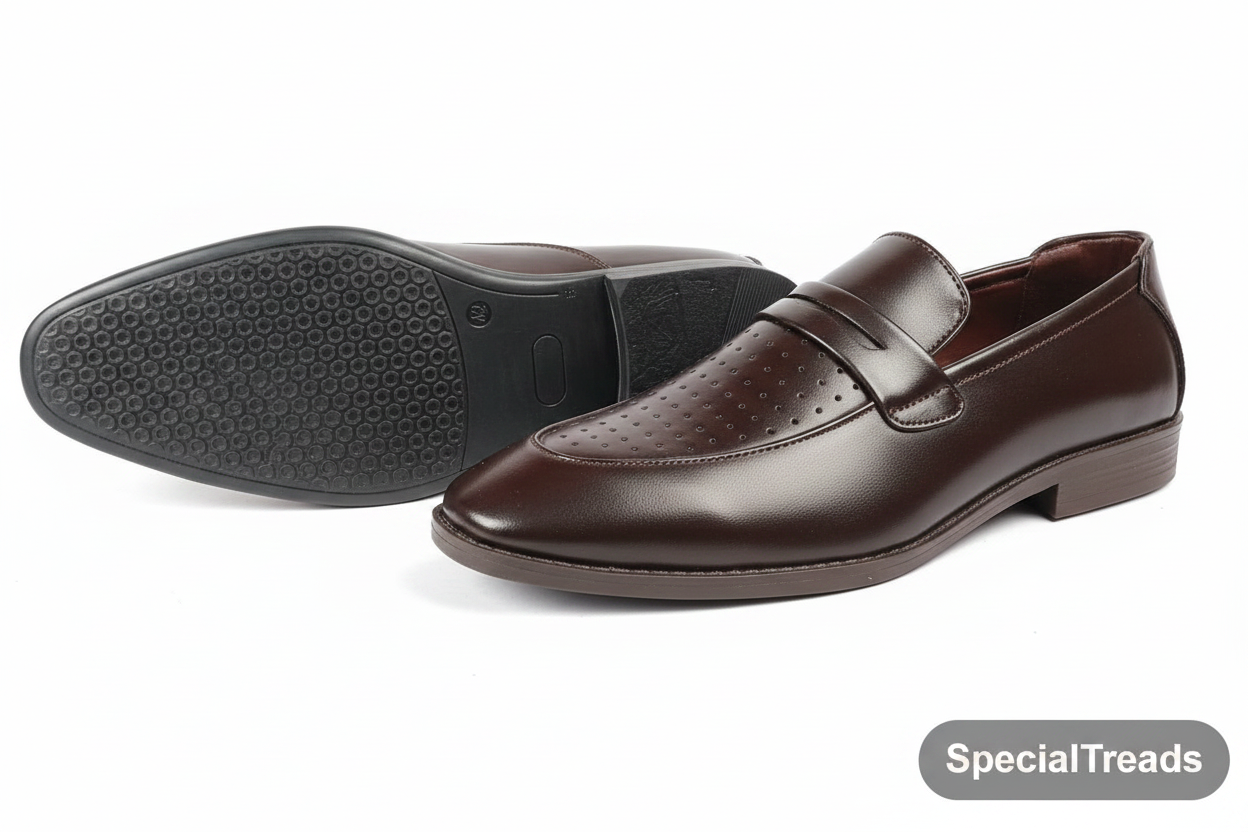 SpecialTreads Men's Dark Brown Penny Loafer – front three-quarter view