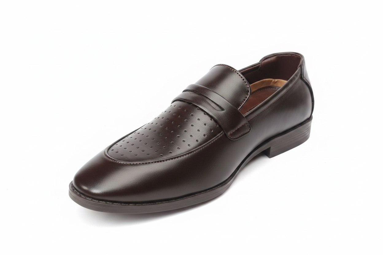Dark brown perforated penny loafer angled front view showing perforation and saddle strap