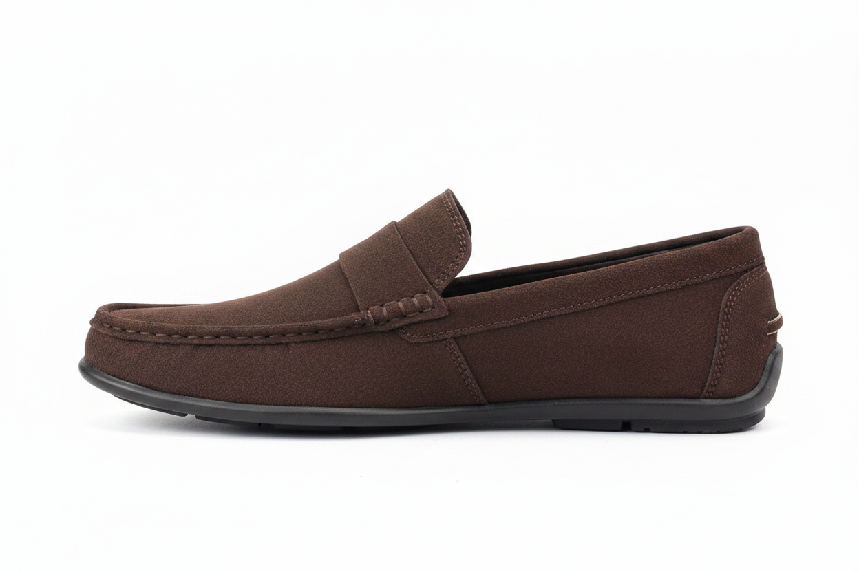 Dark brown suede loafer side profile on white background