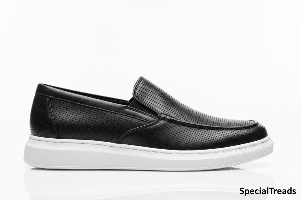 Black perforated loafer side profile on white background