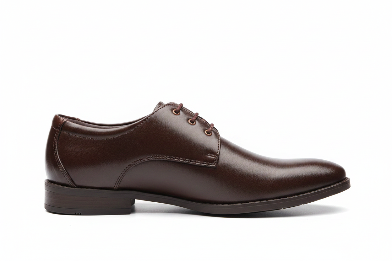 Rich brown Derby dress shoe side profile on white background